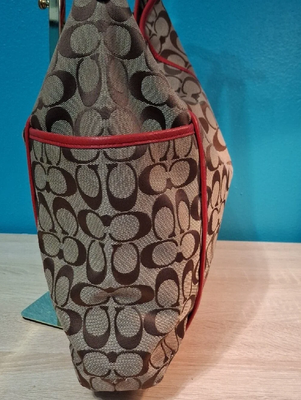 Coach Park Signature Canvas Shoulder Bag in Tan with Red Trim F30341